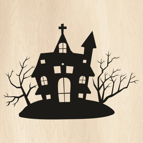 Haunted House With Tree Svg
